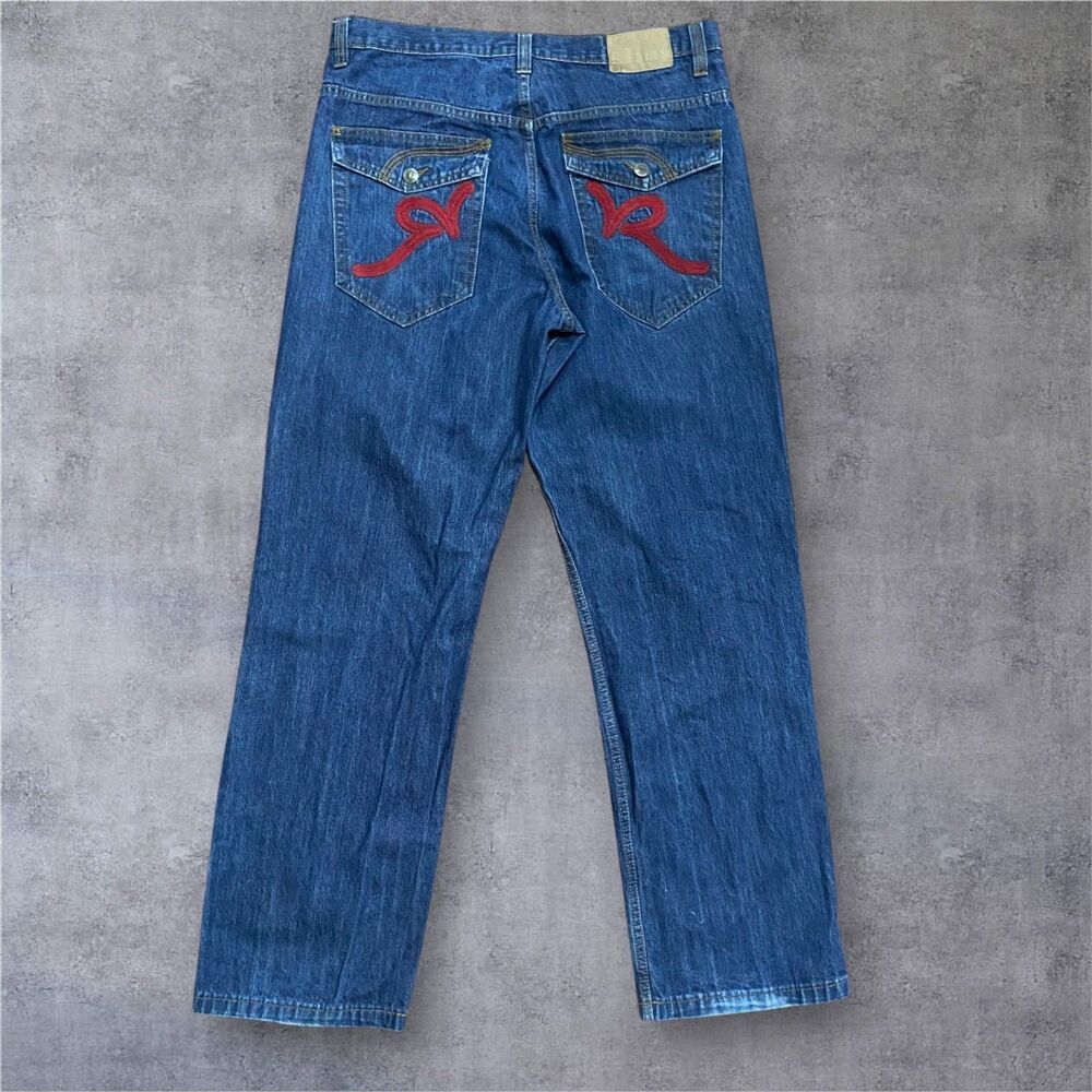 Rocawear Vintage Y2K Baggy Fit Embroidered Blue Red Jeans Men's Size 36 x 34